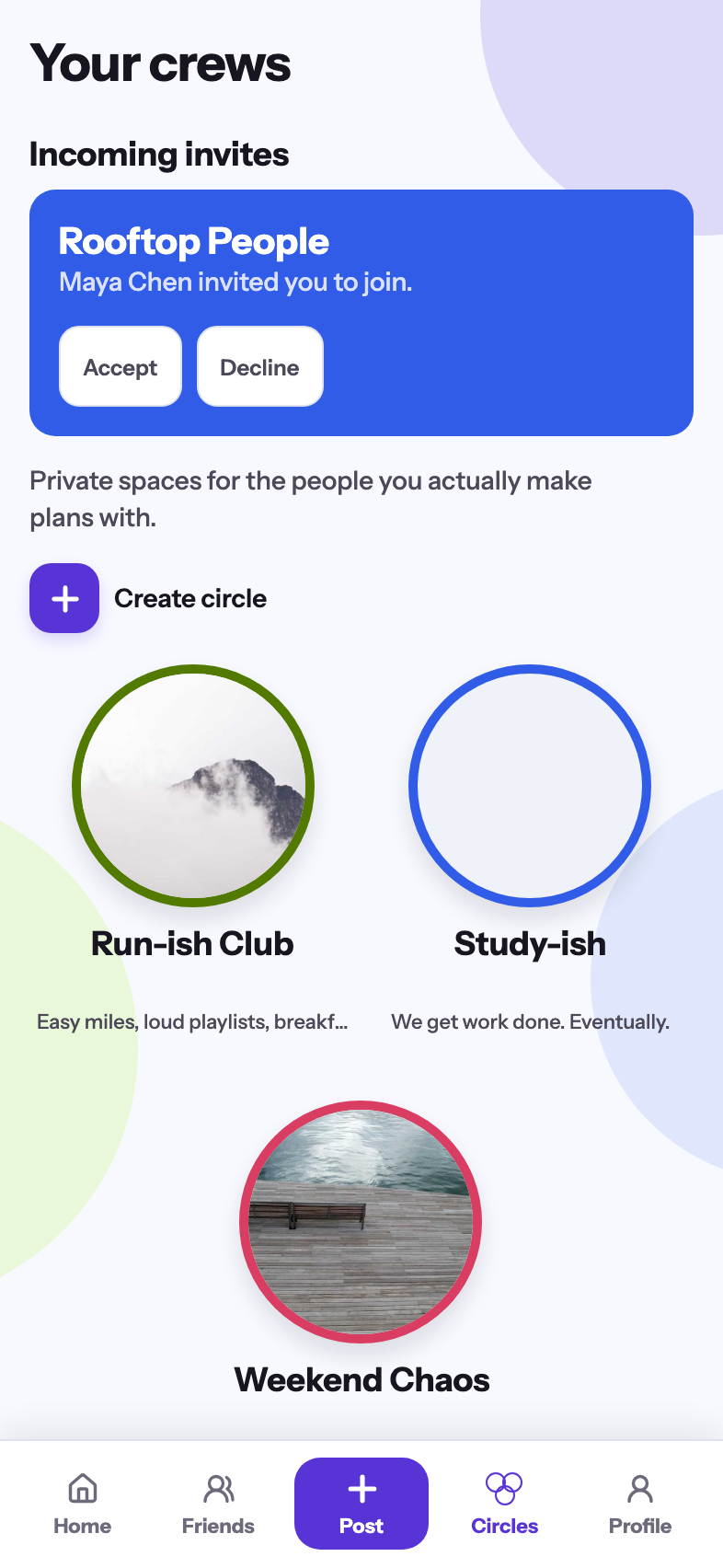 SideQuest circles screen with private friend groups