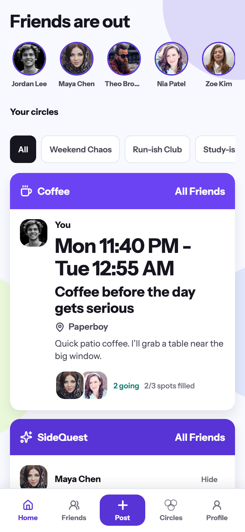 SideQuest home feed showing friends, circles, and an upcoming coffee plan