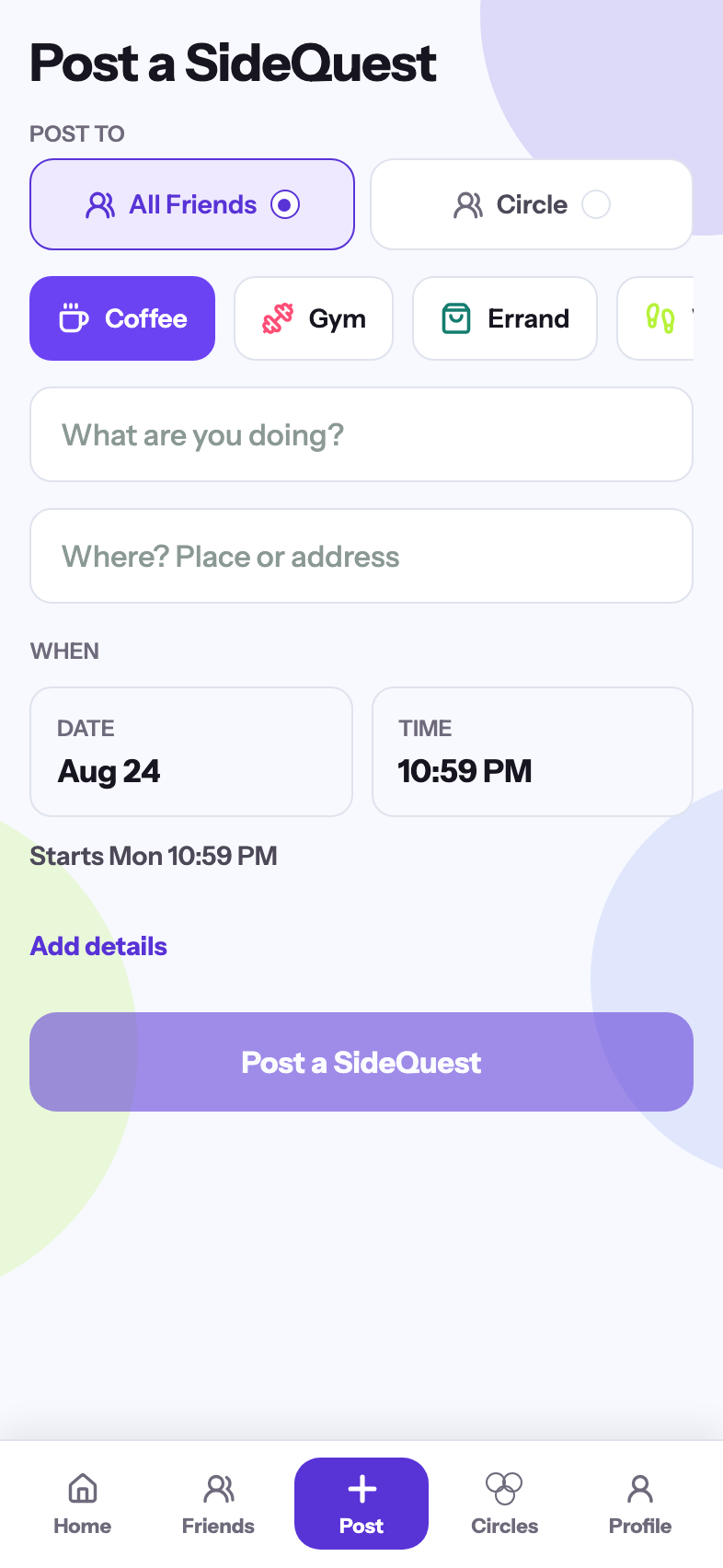 Create a SideQuest screen with audience, activity, place, date, and time controls