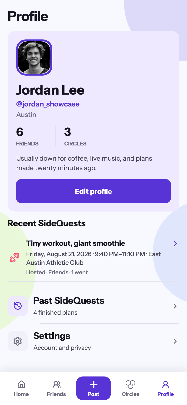 SideQuest profile with friends, circles, and previous plans